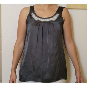Lily lou medium silky pearl beaded sleeveless relaxed blouse pleated black dress